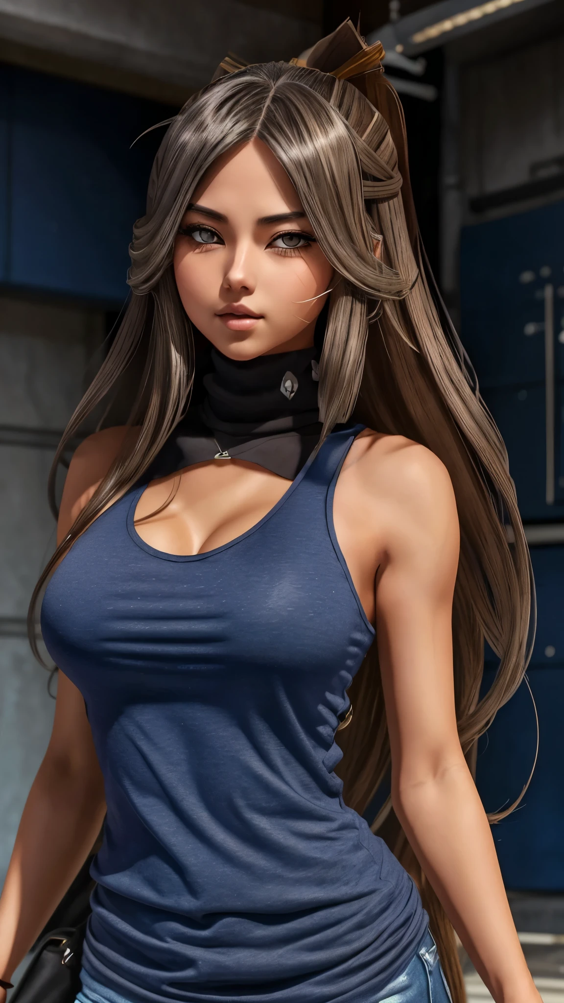 A unique illustrated character with a manga style, featuring long, straight hair in a blend of gray and light brown tones. Her large, expressive eyes are a striking blue, while her nose and plump lips add to her charm. She is wearing a navy tank top that accentuates her figure, giving her a confident and alluring presence.