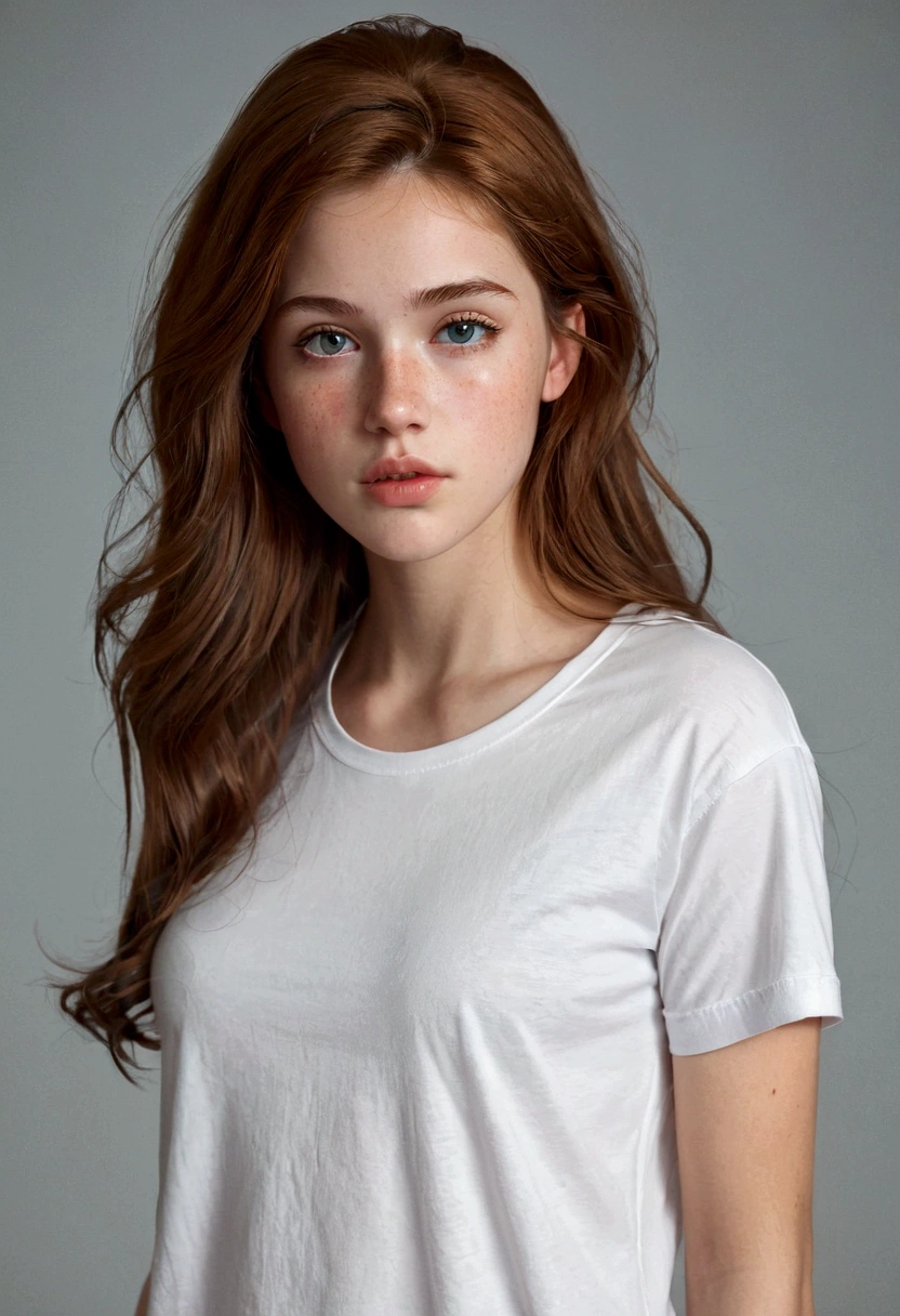 ultra realistic, photography,19 years old, , slender build with a youthful, innocent charm. Long, wavy brown hair that frames her delicate features. Wide, doe-like eyes and a button nose. Full, pouty lips. Smooth, unblemished skin with a light dusting of freckles.extremely detailed artgerm, in the style artgerm, small breasts, facing the camera, lens 35 mm, blur background, wearing an oversized tshirt