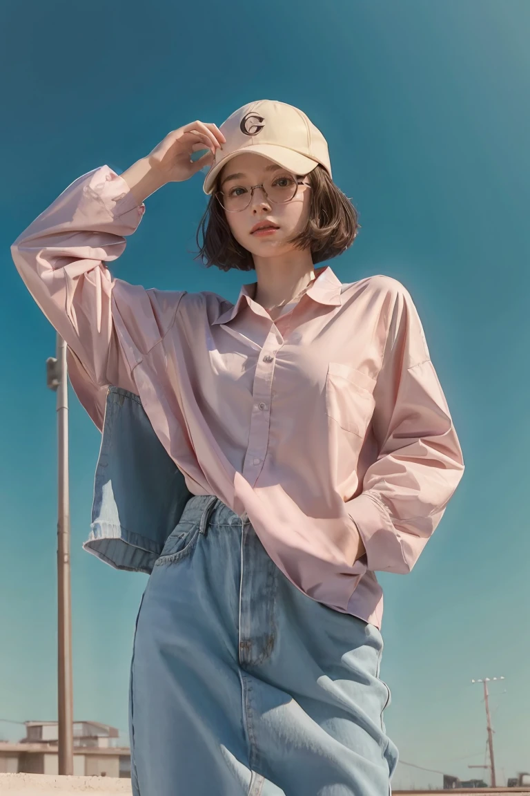 a woman, in a dynamic pose, cap, glasses, long shirt, designed by Gucci::3, tumblr, inspired by Yanjun Cheng style, digital art, meme lofi internet girl, trend in dezeen, catalog photo, 3 d render beeple, rhads and lois van baarle, cartoon style illustration, bright pastel colors, a beautiful art illustration, retro anime girl --ar 2:3 --q 2