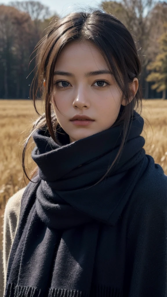 8k, best quality, masterpiece, realistic, ultra detail, photo realistic, Increase quality,
a photo of a girl standing in a field with a scarf, in the style of dark and brooding designer, voluminous mass, photobash, serene faces, jagged edges, navy, natural beauty, close-up shot