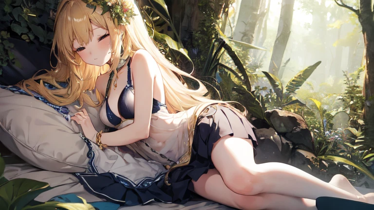 nsfw,Goblin Slayer show priestess sleeping in the forest wearing a bikini cloth