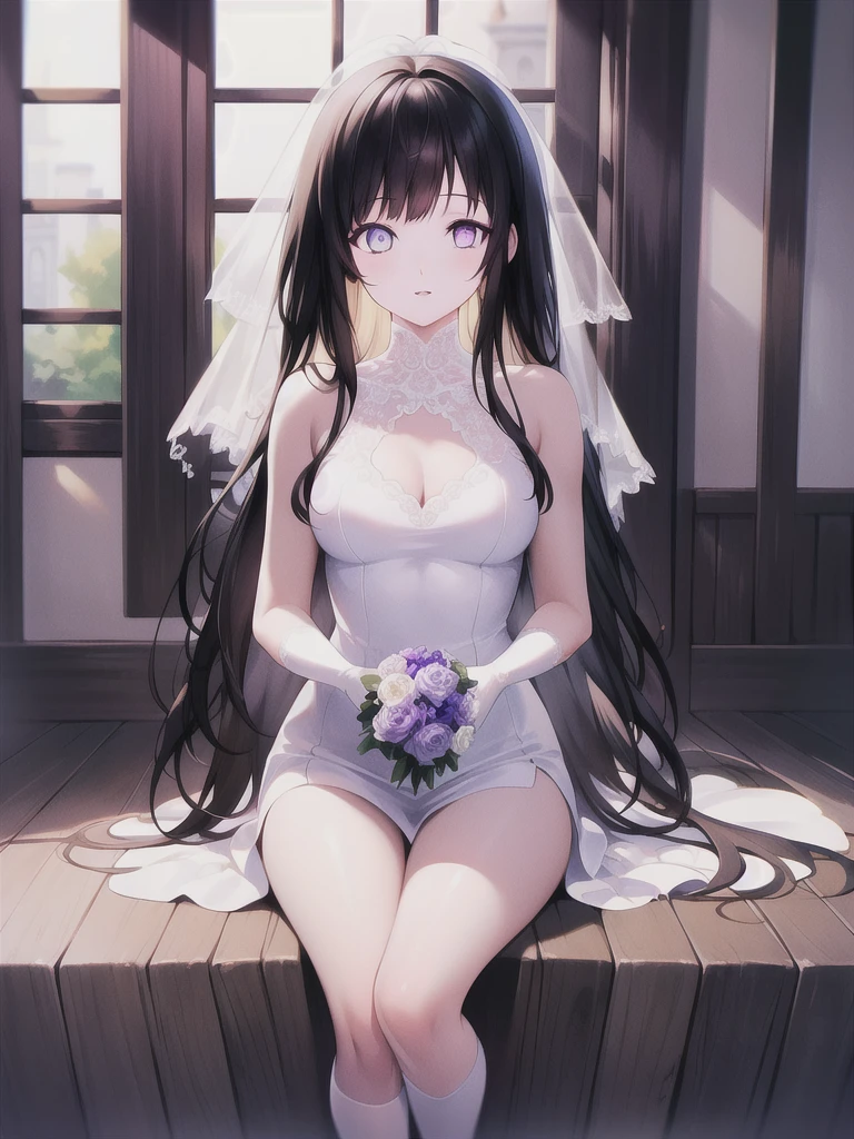 A girl,,Long hair, Bangs, black hair, Hair between the eyes, Purple Eyes:(1.5), (Medium breasts:1.2),
rest 锁骨, Wedding dress,veil,wedding,Black dress,Flowers,dress,Black socks,Black knee socks,Black gloves,Long boots,Cleavage,
Looking at the audience, whole body, Open your mouth,lol,
indoors, church,permanent,permanent,微lol,With one eye closed,
rest (masterpiece:1.2), best quality, high resolution, 8k wallpaper, (illustration:0.8), (Beautiful and delicate eyes:1.6), Extremely detailed face, Perfect lighting, Extremely detailed CG, (Perfect hands, Perfect anatomical structure),