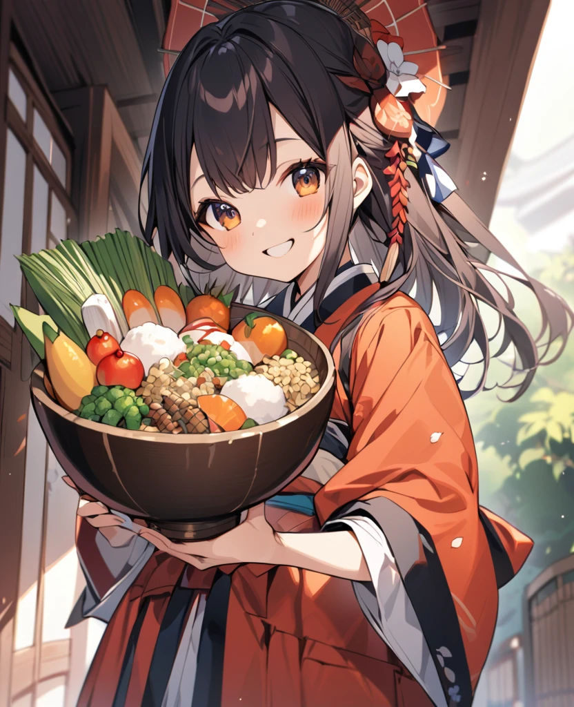 A cute Japanese model-like girl is smiling while holding a large bowl filled with various ingredients.