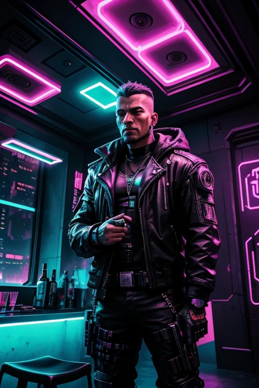 Cyberpunk Mercenary, Cyberpunk Bodyguard, Cyberpunk party in background with neon light display, in a room where a party is happening