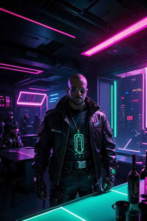 Cyberpunk Mercenary, Cyberpunk Bodyguard, Cyberpunk party in background with neon light display, in a room where a party is happening