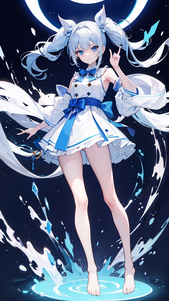 ((Super detailed details))A white double ponytail hair,Blue bow,清凉白色宽松泳装少女Stand sideways在沙滩上(Happy and lively)Moe,Perfect body proportions,((Three-dimensional))(((Full body picture)))Stand sideways,Bare feet and legs