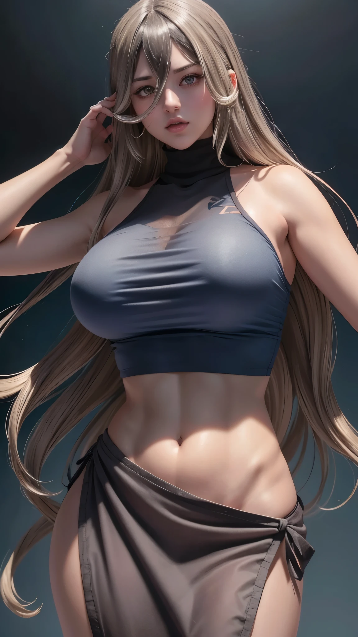 A unique illustrated character with a manga style, featuring long, straight hair in a blend of gray and light brown tones. Her large, expressive eyes are a striking blue, while her nose and plump lips add to her charm. She is wearing a navy tank top that accentuates her figure, giving her a confident and alluring presence.