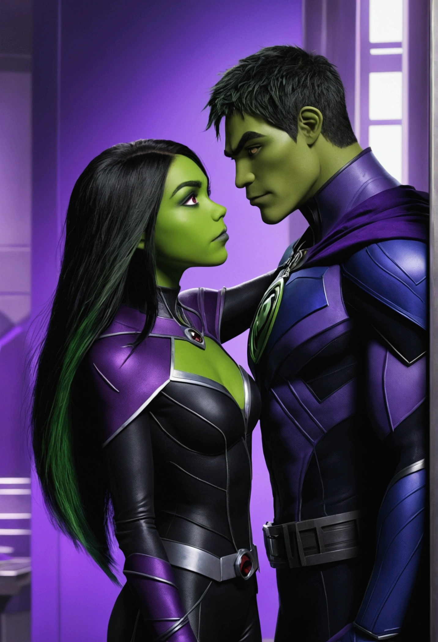 Raven and Beast Boy exchanging glances in the Teen Titans tower room, realistic, detailded, framing the same as the series and TV 