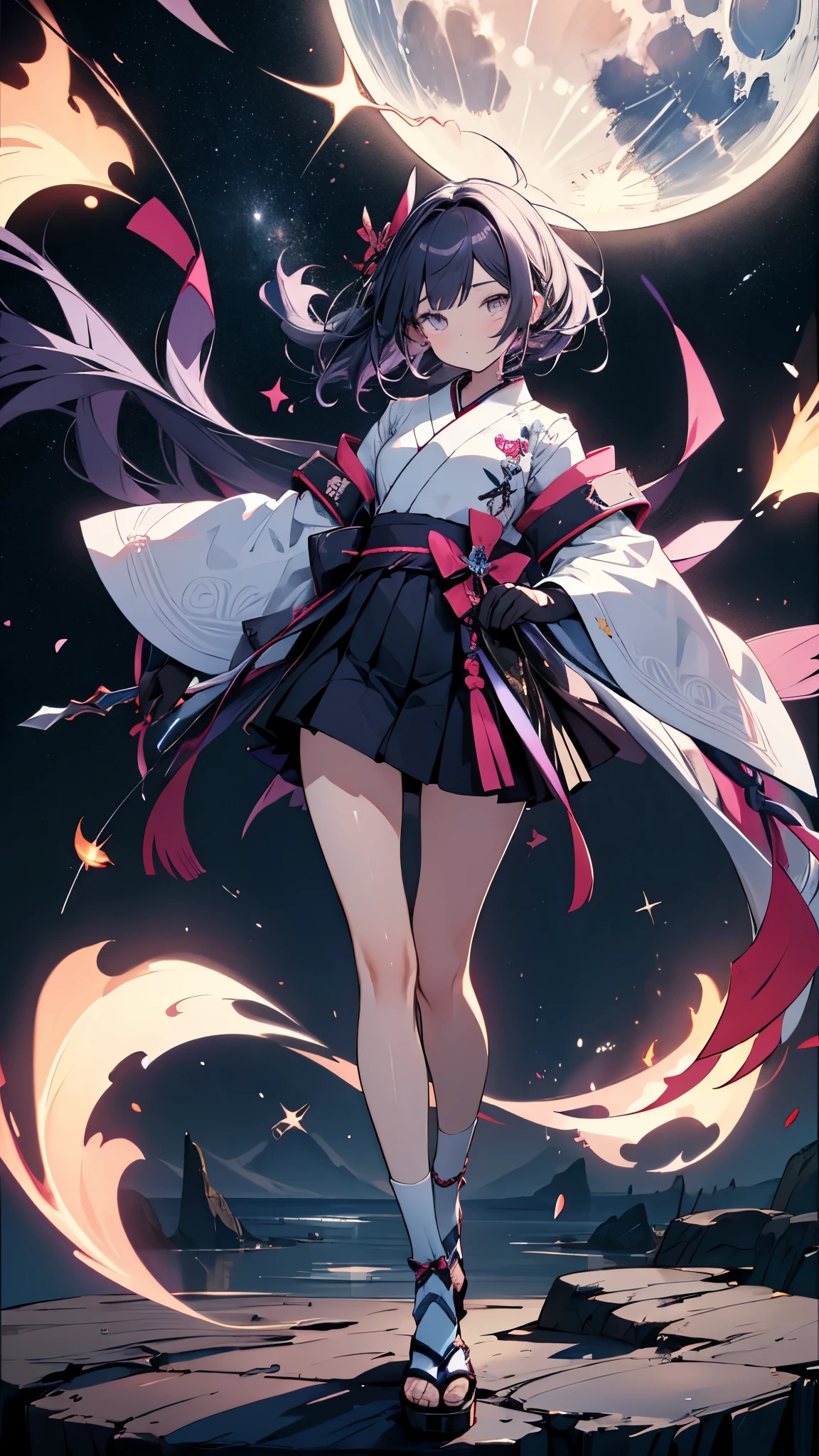 skinny girl, ultra high definition, very detailed, shuriken, shot, Half-tied hair, whole body, traditional Japanese outfit, short skirt, 23 years old, Background with many stars and moon in the sky, two tone hair (black, light purple), Cheng'an, beautiful eyes, holding a weapon