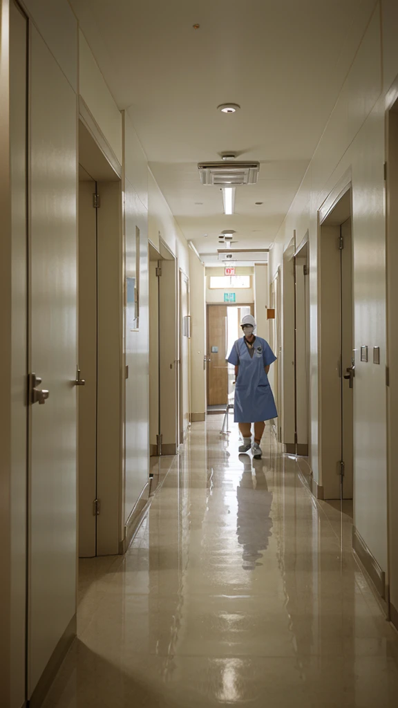 Hospital corridor with hospital equipment and nurse