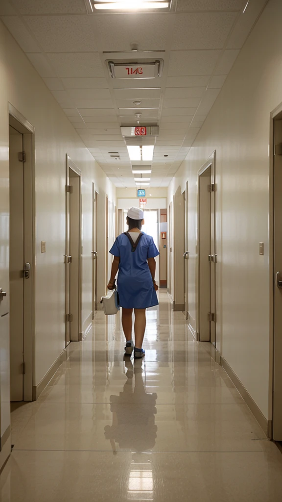 Hospital corridor with hospital equipment and nurse