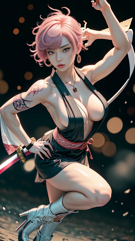 Beautiful Chinese woman, (), cute face, red lips, white moisturized skin, moles, ((eye bags)),
BREAK,
Feminine body with high athletic ability, Body of a female fitness model, Feminine body with hard tones, (Muscles: 1.2), (Beautiful belly button),
BREAK,
Fighter, Kung Fu fighter, Idol,
BREAK,
(Wearing a cute kimono: 1.3), (Kimono with a high degree of exposure), (Stiletto heels, long boots 1.3), necklace, very large earrings, short length,
BREAK,
Short hair, (Short bob hair), (Bangs: 1.2), (Pink hair: 1.3), (Wavy hair),
BREAK,
(Very large Japanese sword: 1.4), (Holding the handle of a Japanese sword: 1.3), (Fighting: 1.2), (Getting into a fighting stance), (Beautiful blade of a Japanese sword: 1.2)
BREAK,
(Japanese tattoo: 1.4),
BREAK,
Masterpiece, Perfect lighting, Ultra high resolution, 8K, (Very detailed: 1.4), (From the front), Looking at the camera, Melancholic expression,
BREAK,
(Tokyo city, lots of people in the background: 1.2), City background in Shibuya, Tokyo, Japan,