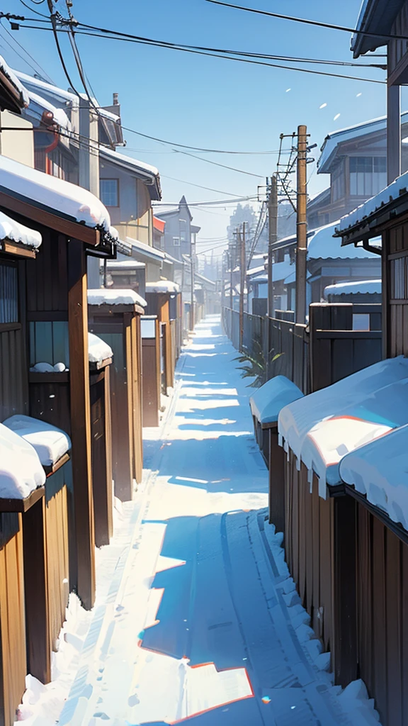 A residential street scene in winter with snow on the sides of the road and rooftops, clear blue skies, and utility poles lining one side of the street, including Japanese signage and architecture.