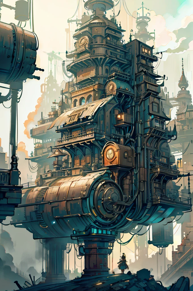 In the distance, there is a prosperous steampunk style city surrounded by desolate mountains,there is a prosperous city with a mechanical punk style, top-down view, distant view, retro futurism, a steampunk city street full of high-rise buildings, with steampunk style buildings on both sides and a street in the middle, ultra high definition, 8k,ultra distant view,stone brick street,and a very distant city
