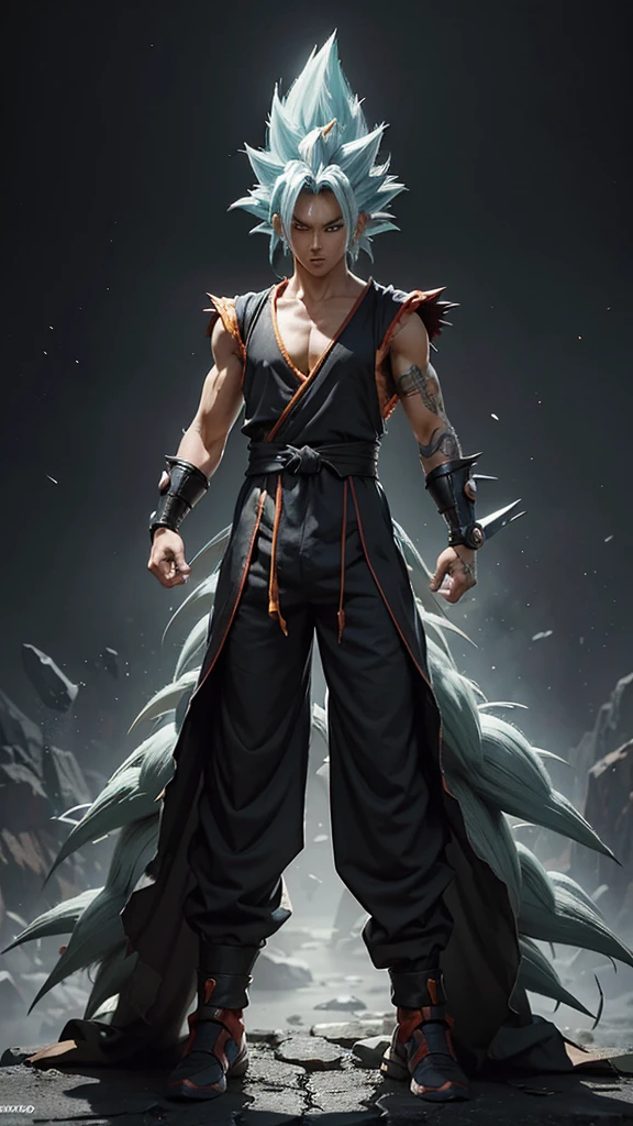“Create a futuristic character inspired by Goku at level 4 in Super Saiyan. It must have a modern and technological look, with futuristic details in your clothing and accessories. The character must have his arms crossed, displaying a confident and powerful expression. Your appearance should reflect strength and determination, with spiky hair and intense eyes, characteristics of Super Saiyan level 4.”