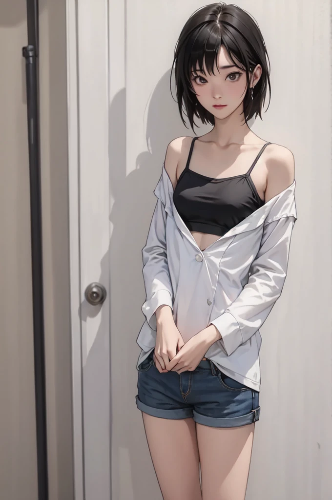 ((masterpiece, best quality)),((highres:1.2)), 1 Girl, solo, Cowboy Shot, Blurred Background, (((Small breasts))), Thighs, (camisole), Off the shoulder, (short pants)