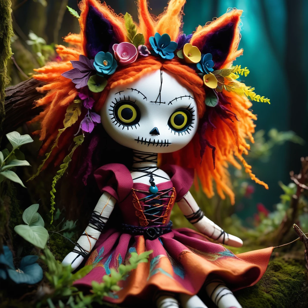 (knitted toy voodoo doll:1.7), (Voodoo Fox Weaving Enchanted Wreaths:1.3), (Clothing: frayed dress with nature patterns:1.0), (Accessories: enchanted vines, glowing mystical flowers:1.2), (background: shadowy forest clearing with floating, glowing eerie light and spectral plants:1.2), best quality, masterpiece, detailed soft oil painting, detailed background, dramatic cinematic lighting, soft edge lighting, professional, dramatic lighting, hard edge lighting, ultra quality, 4k,masterpiece, best quality, 8k, ultra highres, highres, extremely detailed