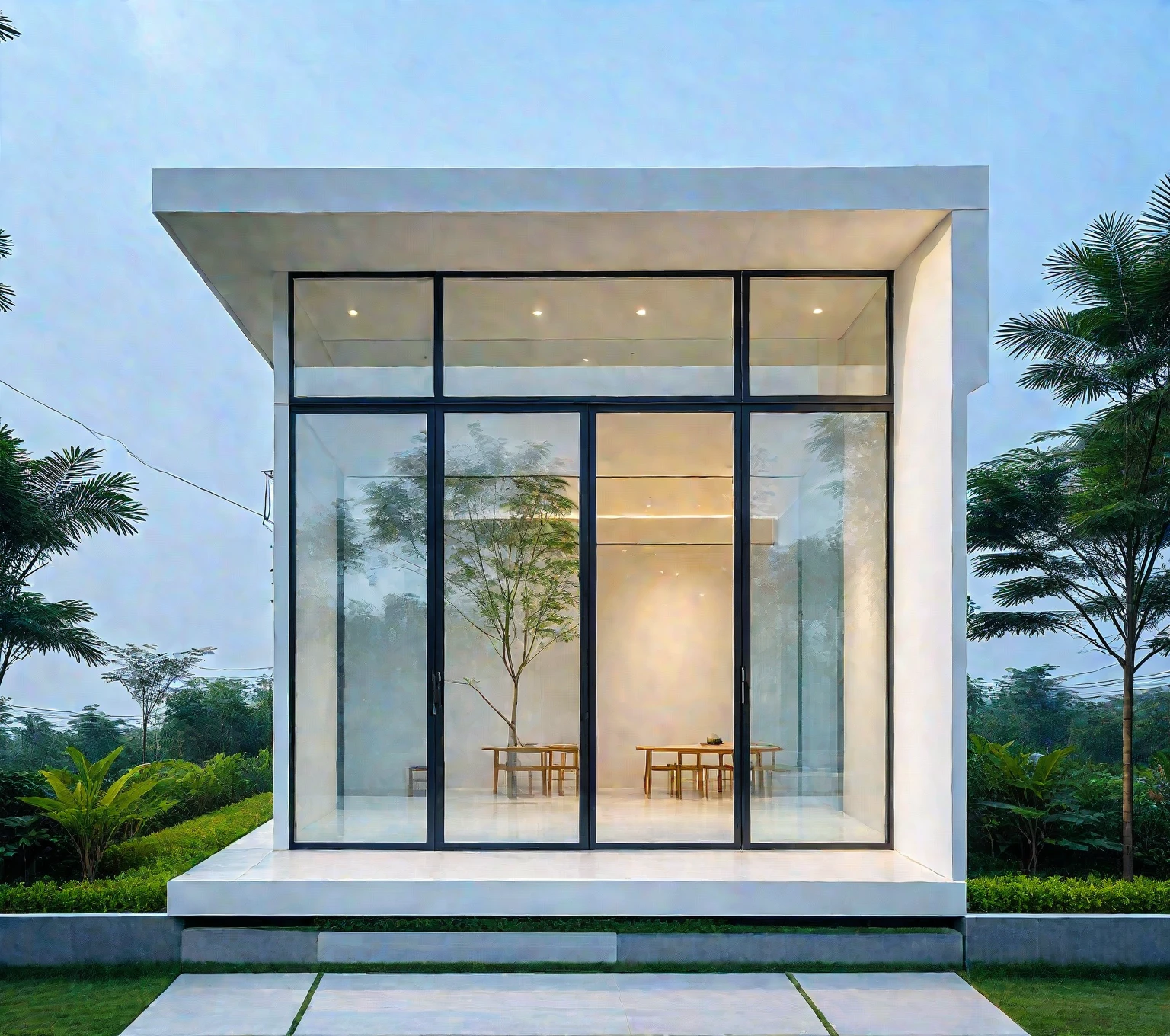 ,a modern one-story house with a minimalist design, (very small house: 1.2) ,((with a facade less than 4 meters wide:1.2)), white and glass materials, wood, large floor-to-ceiling glass windows, tropical plants and trees. (house as the showroom mini furniture:1.2), front view, elevation viewRAW photo, a photo of a modern house, (curvilinear archrchitecture:1.4), Wabisabi style rounded wall, white wall, steel black gate, sidewalk, sidewalk trees, ((grey gate:1.2)), road, viet nam modern residence, ((architectural shot)), rough white wall, new residential area, wide angle exterior 2022, contemporary house, exterior photography, masterpiece, contemporary architecture, overcast, indirect lighting