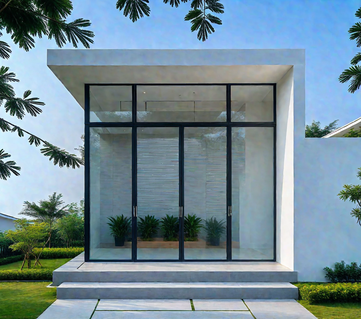 ,a modern one-story house with a minimalist design, (very small house: 1.2) ,((with a facade less than 4 meters wide:1.2)), white and glass materials, wood, large floor-to-ceiling glass windows, tropical plants and trees. (house as the showroom mini furniture:1.2), front view, elevation viewRAW photo, a photo of a modern house, (curvilinear archrchitecture:1.4), Wabisabi style rounded wall, white wall, steel black gate, sidewalk, sidewalk trees, ((grey gate:1.2)), road, viet nam modern residence, ((architectural shot)), rough white wall, new residential area, wide angle exterior 2022, contemporary house, exterior photography, masterpiece, contemporary architecture, overcast, indirect lighting