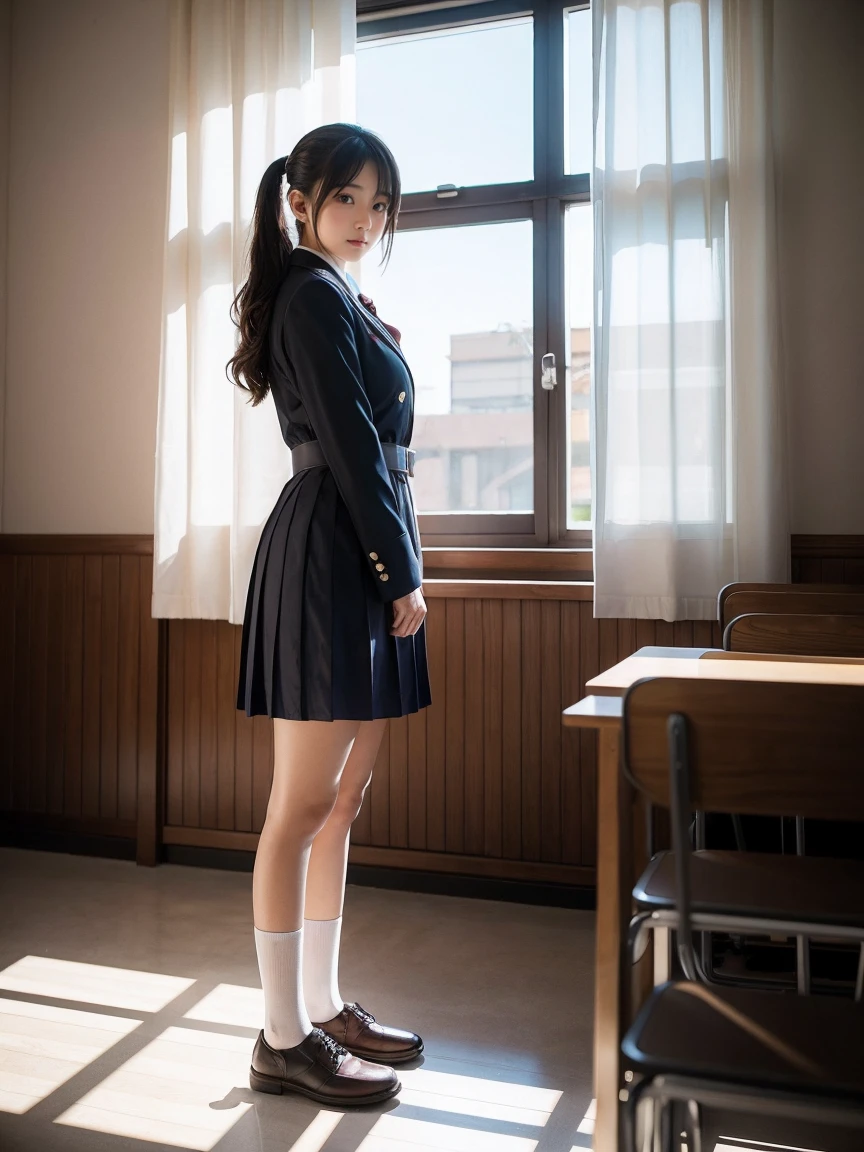 Shiina midday, classroom, uniform, highest quality, highly detailed, realistic shadows, realistic texture