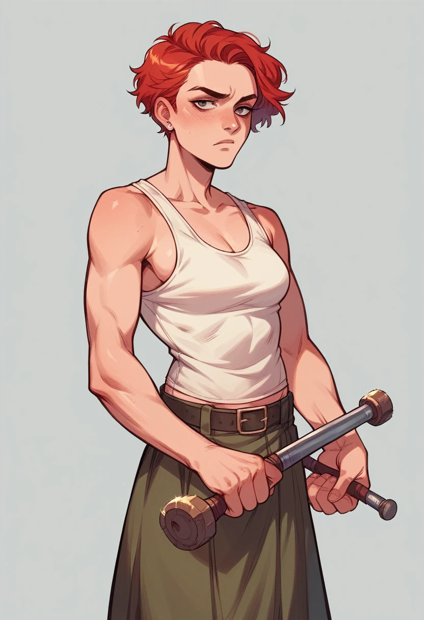 Red-haired girl with short hair, stark, in a tank top and flowered skirt holding a large sledgehammer