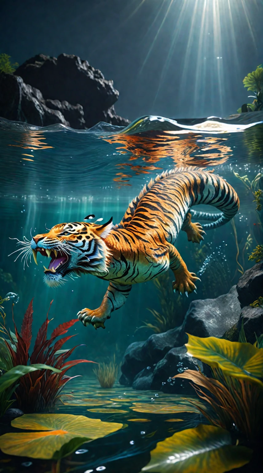 There is a creature in the water，A combination of tiger and dragon(best quality，4K，8k，High level，masterpiece：1.2），Ultra Detailed，（lifelike，Photo real，Photo real：1.37），Highly detailed animals，Complex patterns，Realistic lighting，Fantasy Creatures