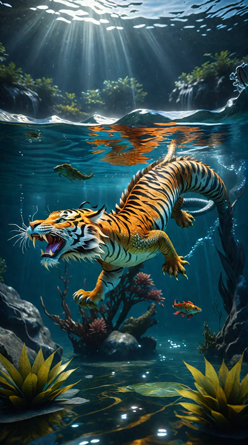 There is a creature in the water,A combination of tiger and dragon(best quality,4K,8k,High level,masterpiece:1.2),Ultra Detailed,(lifelike,Photo real,Photo real:1.37),Highly detailed animals,Complex patterns,Realistic lighting,Fantasy Creatures