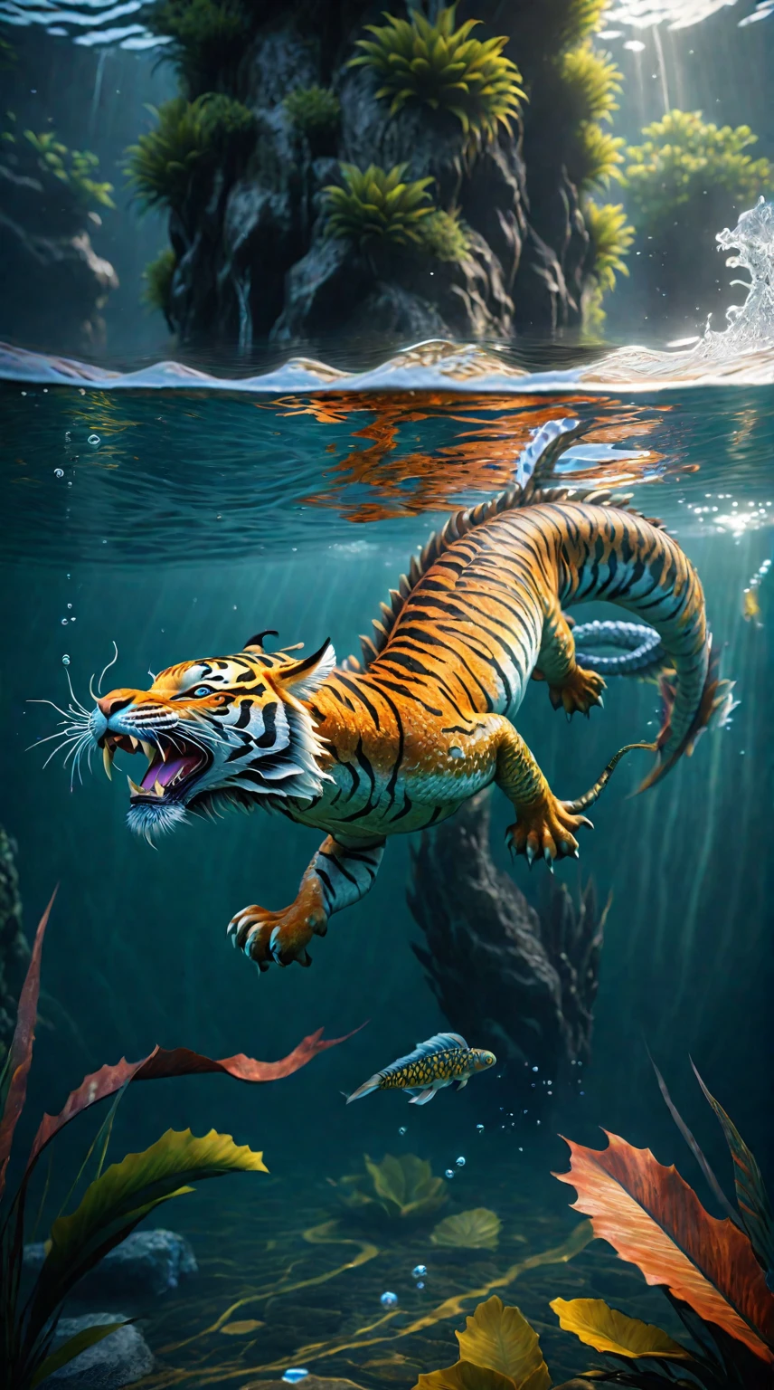 There is a creature in the water，A combination of tiger and dragon(best quality，4K，8k，High level，masterpiece：1.2），Ultra Detailed，（lifelike，Photo real，Photo real：1.37），Highly detailed animals，Complex patterns，Realistic lighting，Fantasy Creatures