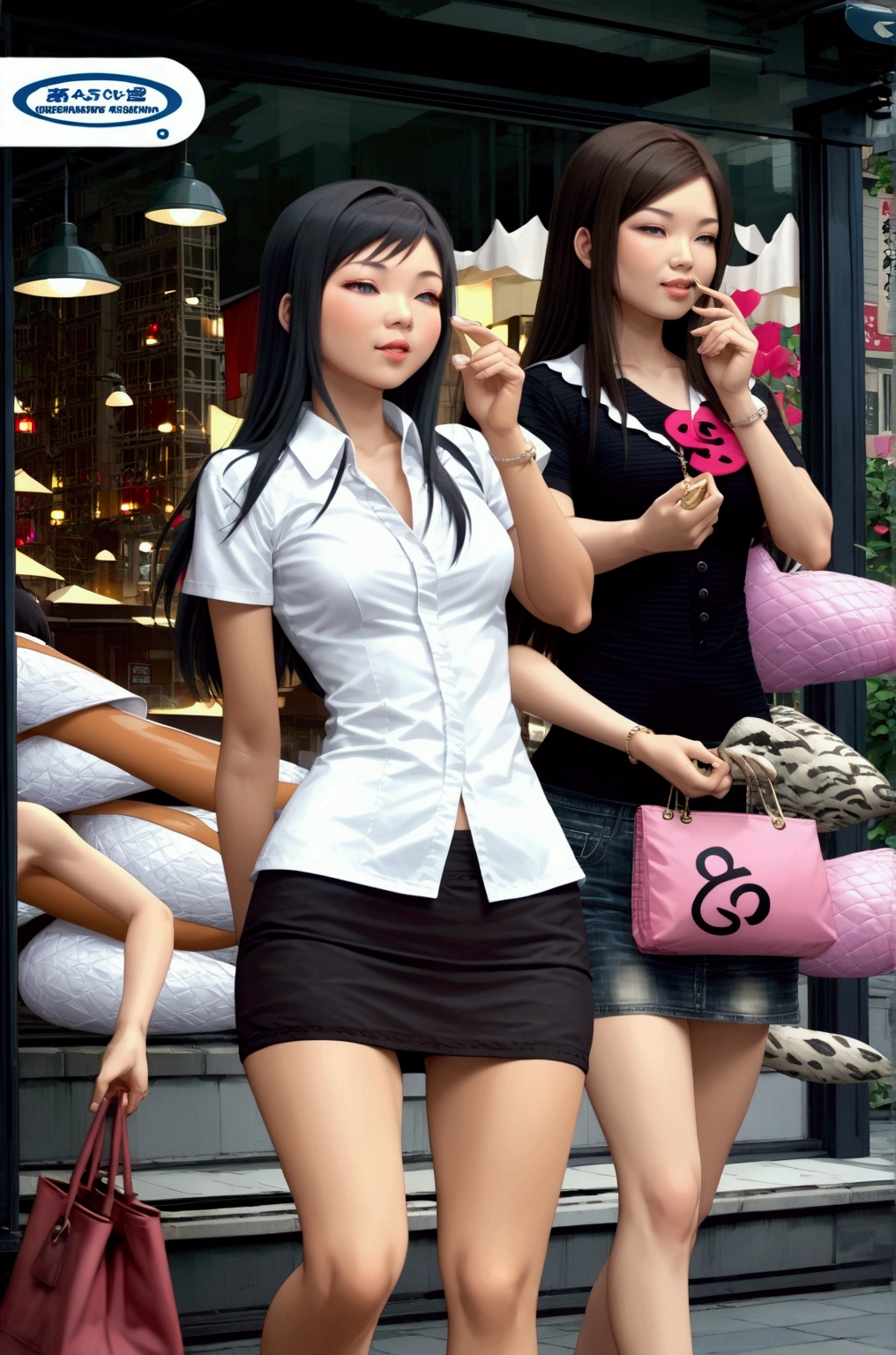 two young beauty women hang out together along shopping district, japanese anime style illustration