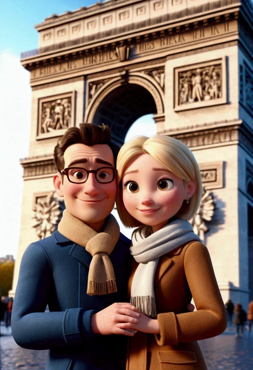 Cartoon character of a tall man 35 years old, in brown coat animation character, hugging small blonde woman, smiling in brown coat and scarf, in front of the Arc de Triomphe in Paris. stylized character, animation style rendering, 3d stylized, Arnold Maya rendering, Stylized 3D rendering, toon render screenshot, 3d character, 3d character, Stylized 3D rendering, 3D character rendering, cartoon character, Personagem de close up, showing half body, photo orientation horizontally (Pixar-style) (master part:1.2) (bokeh) (best qualityer) (skin detailed) (detailed texture) (8k) (Argilla) (cinematic lighting) (sharp focus