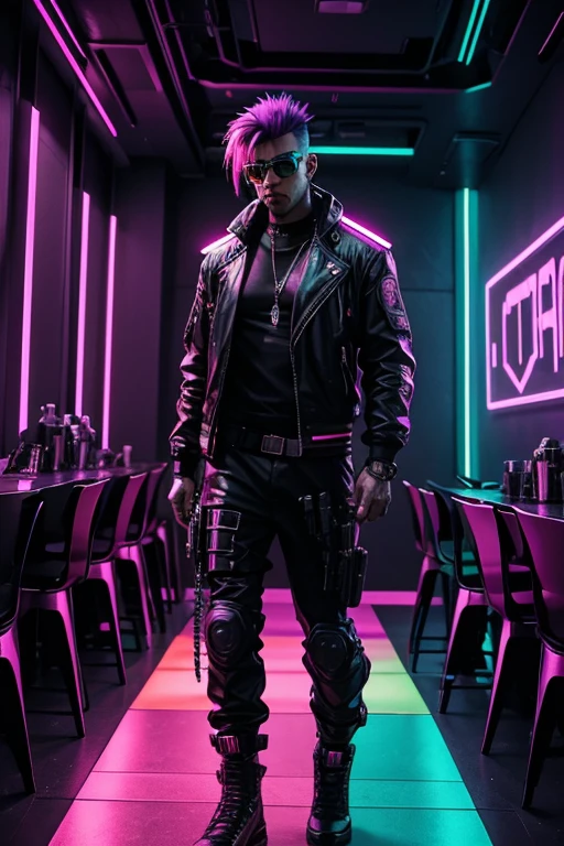 Cyberpunk Mercenary, Cyberpunk Bodyguard, Cyberpunk party in background with neon light display, in a room where a party is happening, party goer, color dyed hair, brightly colored clothing