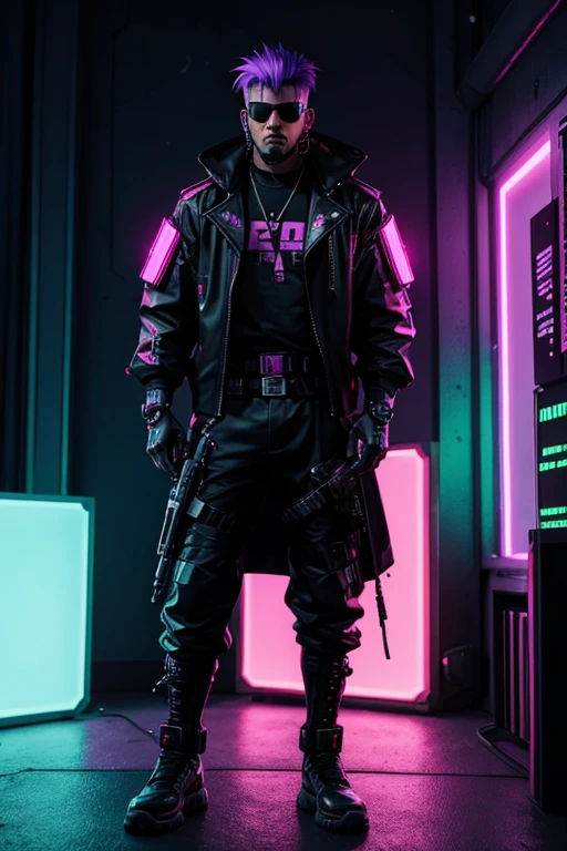 Cyberpunk Mercenary, Cyberpunk Bodyguard, Cyberpunk party in background with neon light display, in a room where a party is happening, party goer, color dyed hair, brightly colored clothing