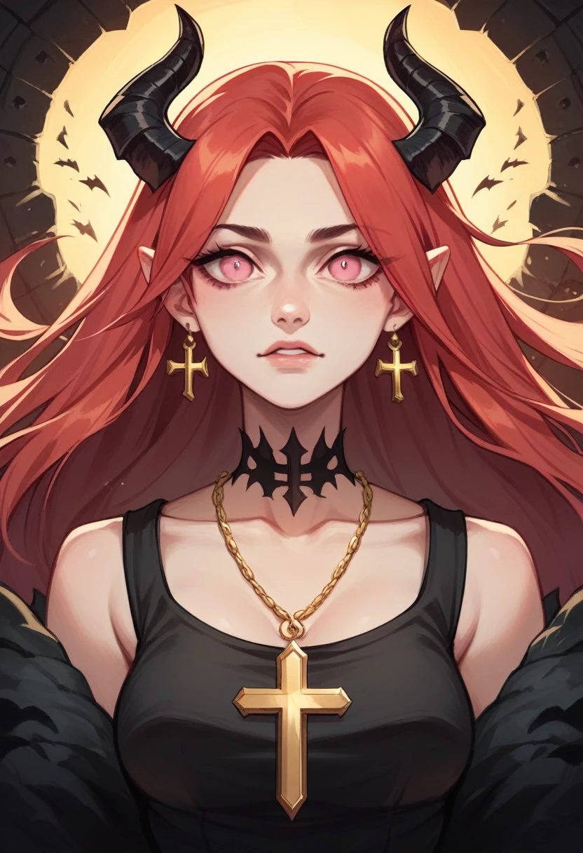 4K, 8K, masterpiece, highest quality, 1 girl, looking at the viewer, red hair, long hair, pink eyes, small black devil horns, black and gold clothes, gold cross necklace, hell background, It's dim, The age of the actress is 23 years, standing pose, more head view, cleavage, thigh, short skirt, sexy, wide black wings, cleavage, thigh, cleavage thigh, sexy clothes