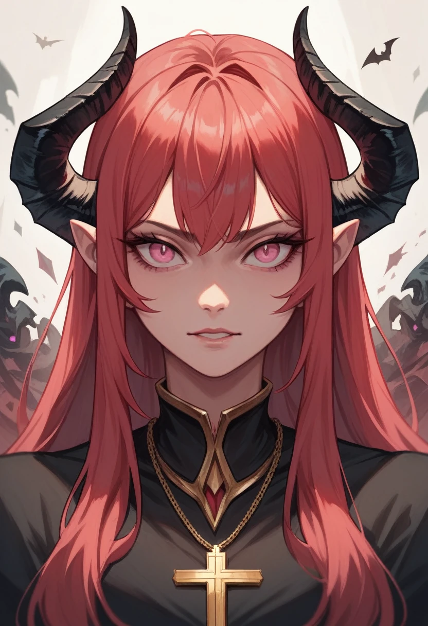 4K, 8K, masterpiece, highest quality, upper body view, 1 girl, looking at the viewer, red hair, long hair, pink eyes, small black devil horns, black and gold clothes, gold cross necklace, hell background, It's dim, The age of the actress is 23 years, standing pose, more head view