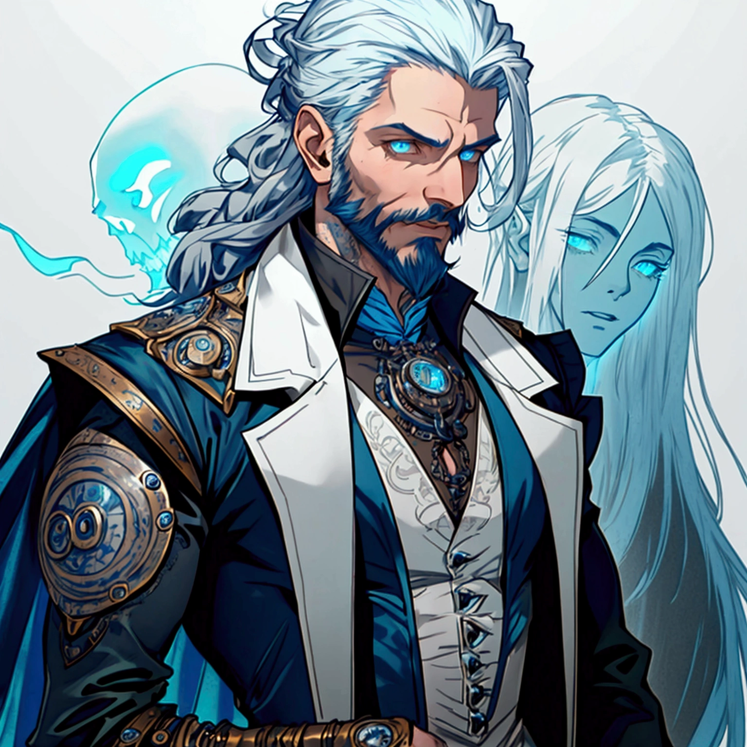 a sexy athletic lithe male with long white hair and a scruffy beard, glowing blue eyes and a ghostly look to him, wearing a steampunk inspired victorian outfit, transparent flesh, ghost flesh, photo realistic, masterpiece, showing chest