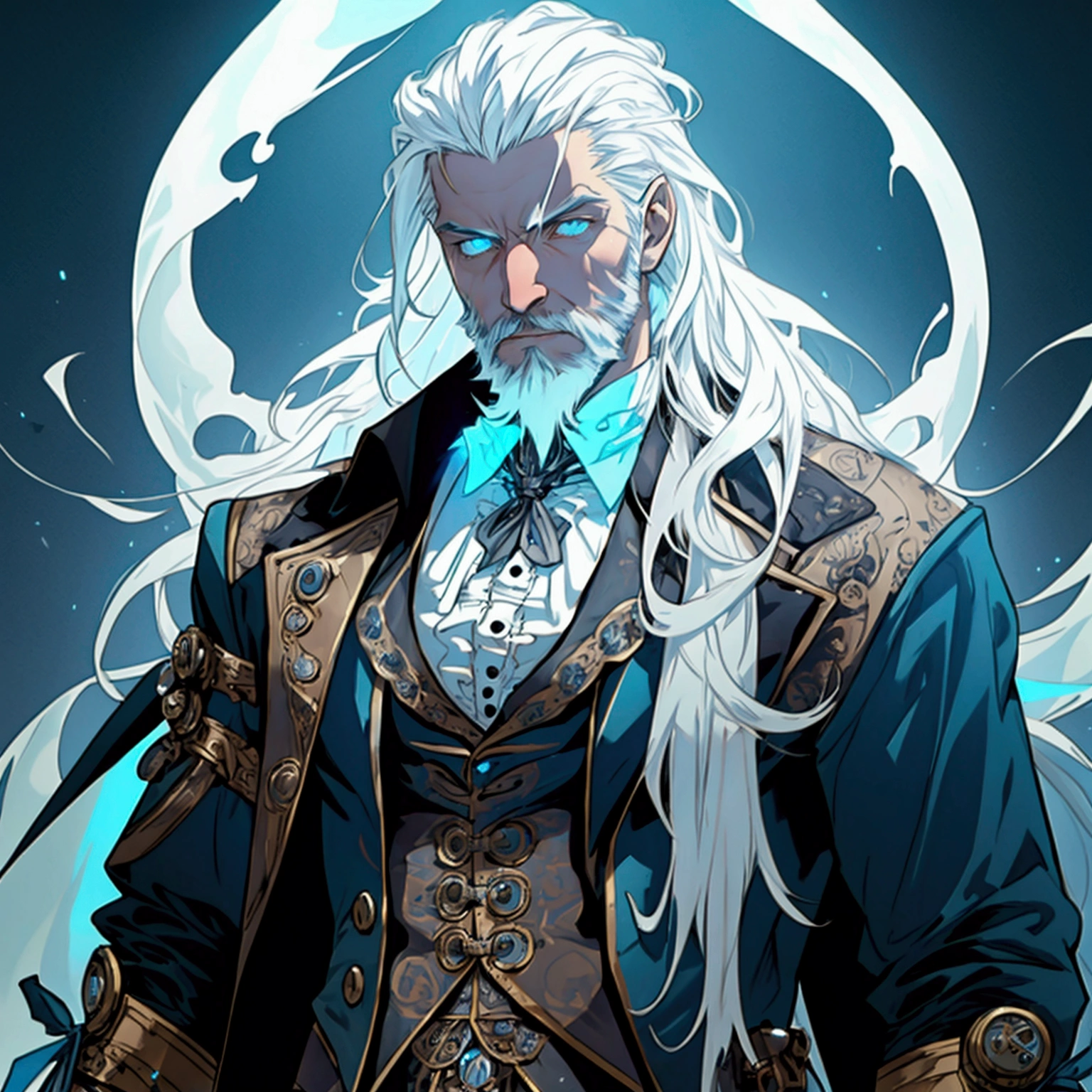 a sexy athletic lithe male with long white hair and a scruffy beard, glowing blue eyes and a ghostly look to him, wearing a steampunk inspired victorian outfit, transparent flesh, ghost flesh, photo realistic, masterpiece, showing chest