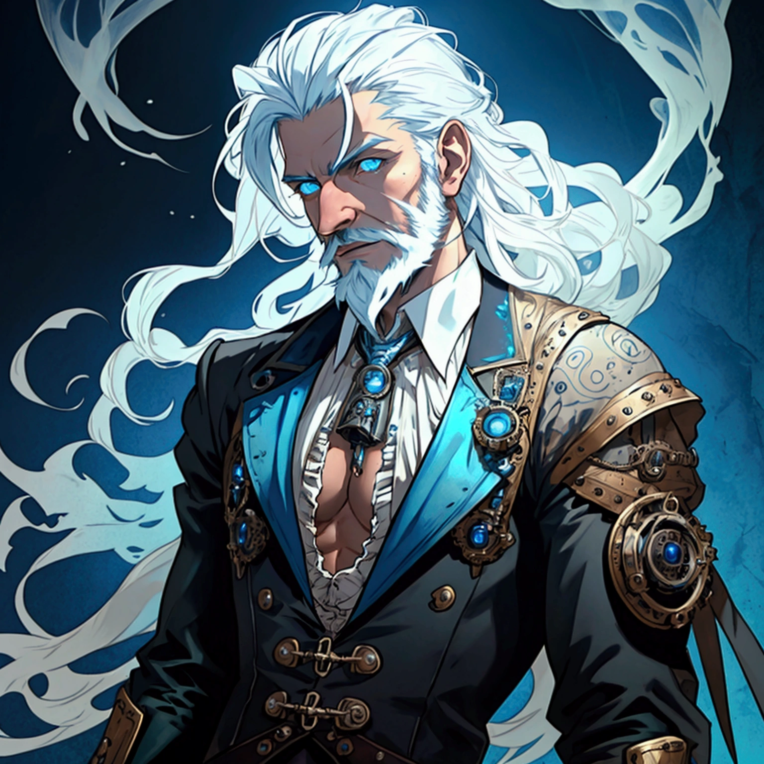 a sexy athletic lithe male with long white hair and a scruffy beard, glowing blue eyes and a ghostly look to him, wearing a steampunk inspired victorian outfit, transparent flesh, ghost flesh, photo realistic, masterpiece, showing chest
