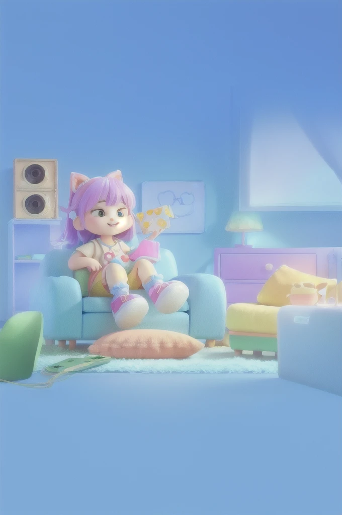 Room sofa scene,No characters, Cute 3d rendering, Animation style rendering, Kawaii HD Rendering, 8K cartoon illustration, 3d illustration, 3d illustration, Lofi art style, Animation illustration style