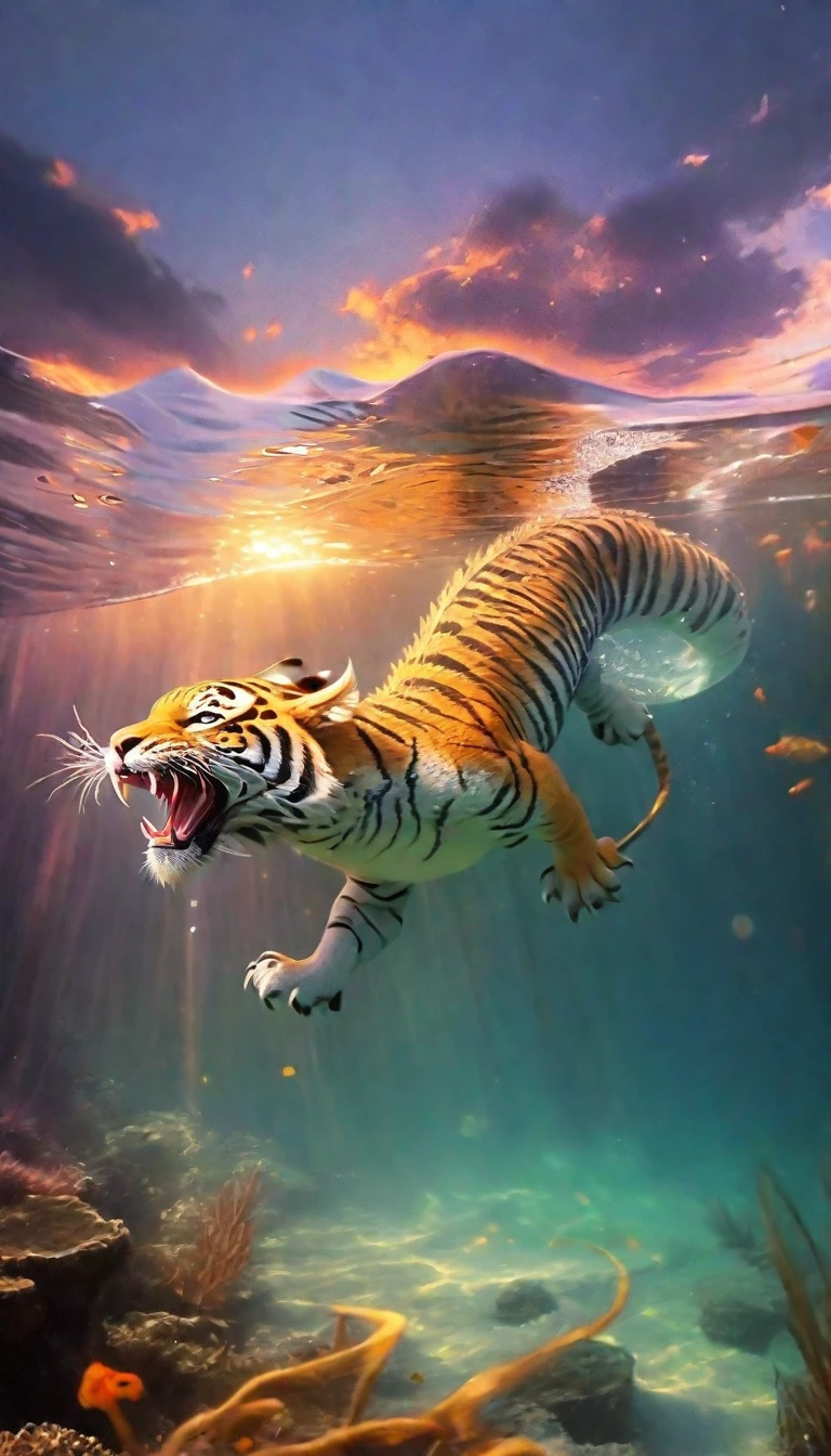 There is a creature in the water，A combination of tiger and dragon(best quality，4K，8k，High level，masterpiece：1.2），Ultra Detailed，（lifelike，Photo real，Photo real：1.37），Highly detailed animals，Complex patterns，Realistic lighting，Fantasy Creatures