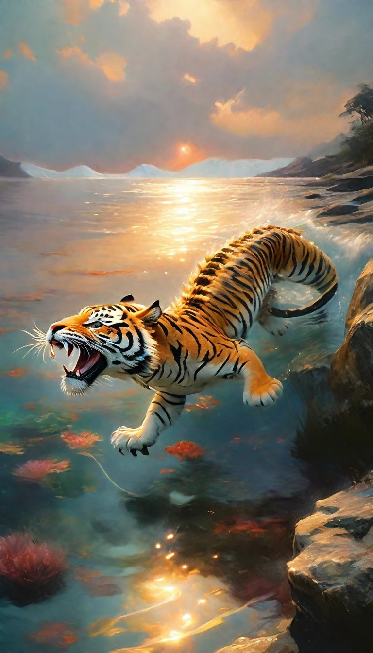 There is a creature in the water，A combination of tiger and dragon(best quality，4K，8k，High level，masterpiece：1.2），Ultra Detailed，（lifelike，Photo real，Photo real：1.37），Highly detailed animals，Complex patterns，Realistic lighting，Fantasy Creatures