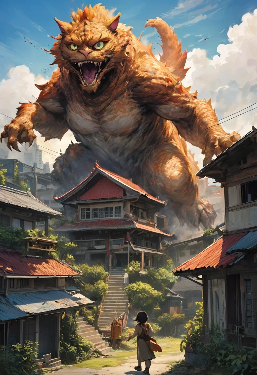 anime, cartoon, (gigantic cat monster destroying houses:1.2), eating people, traditional Thai architecture, (godzilla:1), cinematic, catastrophic film
