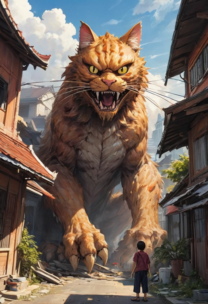 anime, cartoon, (gigantic cat monster destroying houses:1.2), eating people, traditional Thai architecture, (godzilla:1), cinematic, catastrophic film