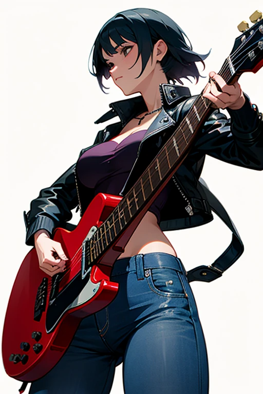 morrigan leather jacket and jeans play a guitar