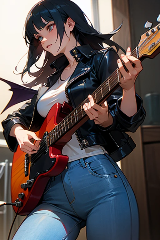 morrigan leather jacket and jeans play a guitar