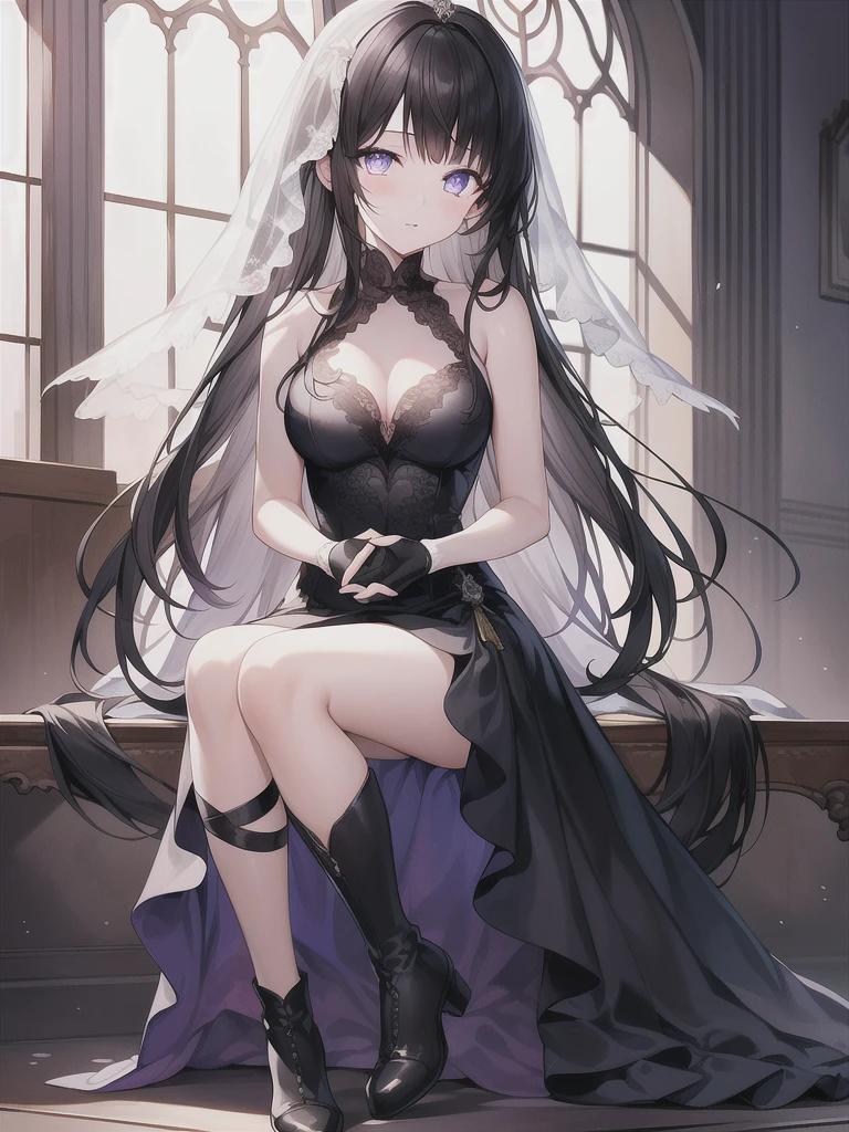 A girl，，Long hair, Bangs, black hair, Hair between the eyes, Purple Eyes:（1.5),  (Medium breasts:1.2), 
rest  锁骨, Wedding dress，veil，wedding，Black dress，Flowers，dress，Black socks，Black knee socks，Black gloves，Long boots，Cleavage，
Looking at the audience, whole body, Open your mouth，lol，
indoors, church，permanent，permanent，微lol，With one eye closed，
rest (masterpiece:1.2), best quality, high resolution,  8k wallpaper, (illustration:0.8), (Beautiful and delicate eyes:1.6), Extremely detailed face, Perfect lighting, Extremely detailed CG, (Perfect hands, Perfect anatomical structure),