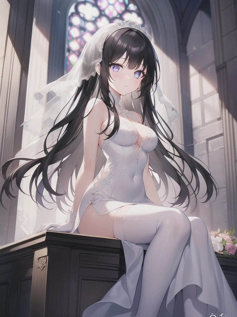 highly detailed skin, highly detailed face, (beautiful detailed eyes, red cheeks, smile), ((a girl stands)), The girl is a cute 18 year old bride, ((no panties, Cute, thin pubic hair)), (Not wearing a bra, small breasts, cute nipples), (pure white wedding dress), ((white heel shoes)), white tights, short skirt, brown hair, side ponytail hairstyle, flower hair ornament, earrings, White lace gloves, The Veil of the Bride, bride tiara, beautiful necklace, church chapel, A blizzard of falling flowers, ((Photographed from the front so that the girl&#39;s whole body is included)),