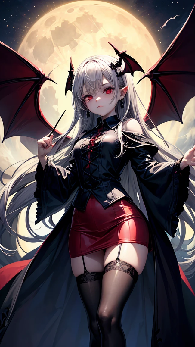 (Highest quality,Very detailed,High resolution:1.2),One Girl,Gray Hair,The most beautiful girl in human history,He owns a gigantic kiln that is twice his height.,暗い red eyes (暗いred eyes:1.1),暗い aura(aura:1.1),(mysterious,Ghostly:1.1) atmosphere,Looks like half a demon,(Demonic traits,Demonic traits),(Elaborate,wonderful) cross shape earrings,Small Ass,gothic lolita style clothing,Black Stockings,Long skirt,Red Shirt,Black long coat,Grim Reaper Appearance,Has huge bat-like wings,A big full moon shines in the dark night sky