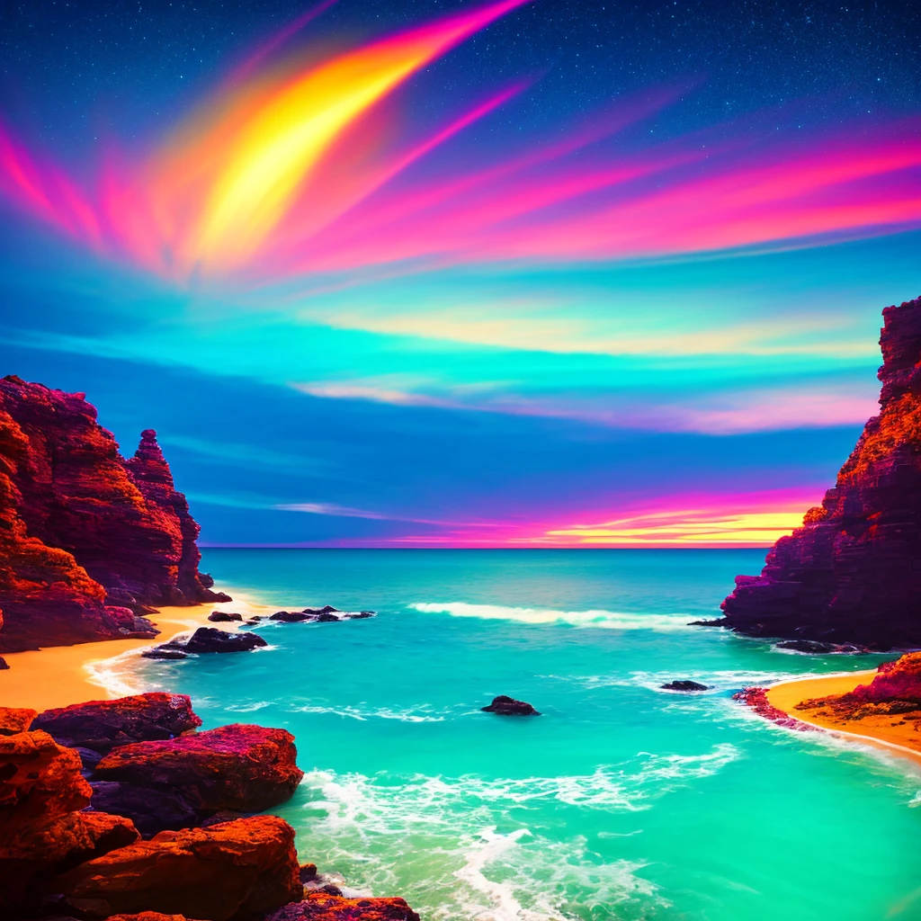 a beach with a bright sky and a bright star filled sky, a digital painting by Mike "Beeple" Winkelmann, tumblr, fantasy art, magical beach, beautiful vibrant colors, glow wave, glowing colors, [ bioluminescent colors ]!!, stunning colors, beautiful colors, glowing rich colors, amazing colors, breathtaking colors