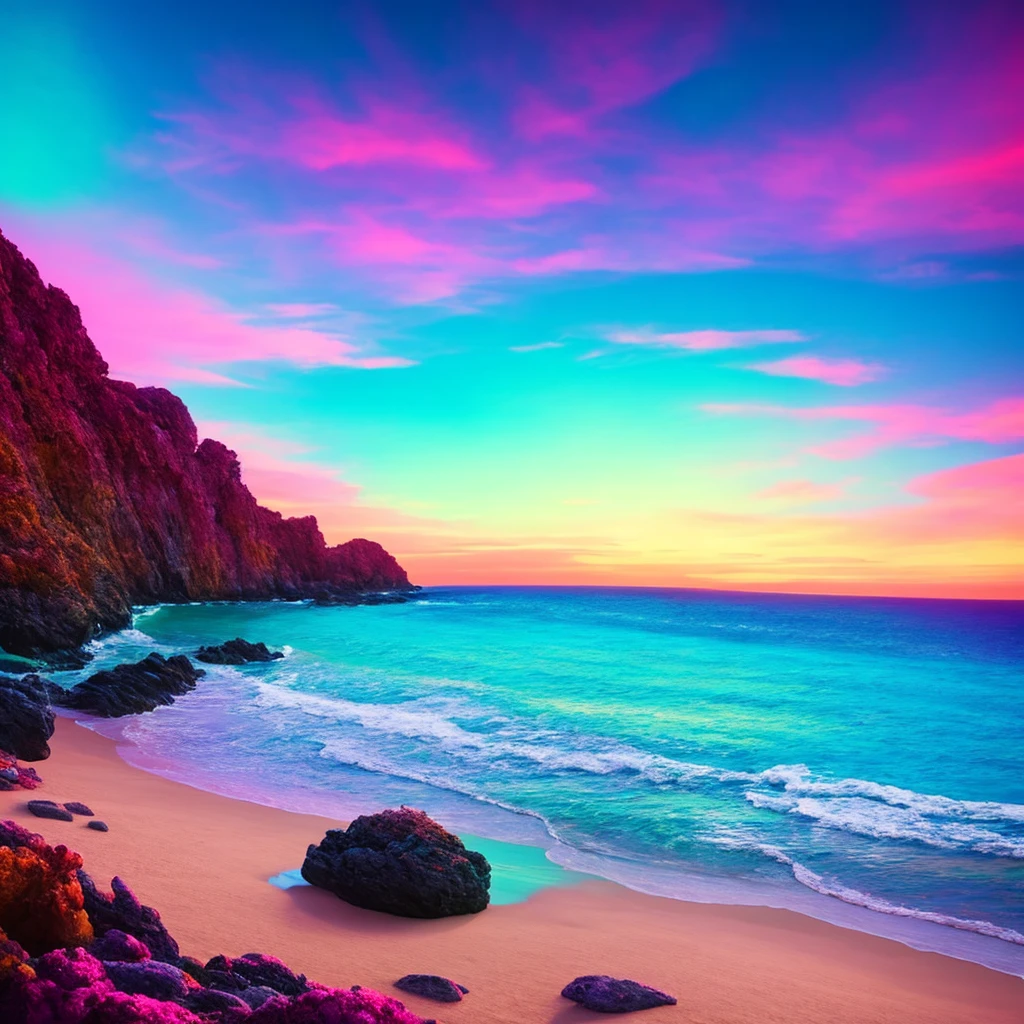 a beach with a bright sky and a bright star filled sky, a digital painting by Mike "Beeple" Winkelmann, tumblr, fantasy art, magical beach, beautiful vibrant colors, glow wave, glowing colors, [ bioluminescent colors ]!!, stunning colors, beautiful colors, glowing rich colors, amazing colors, breathtaking colors