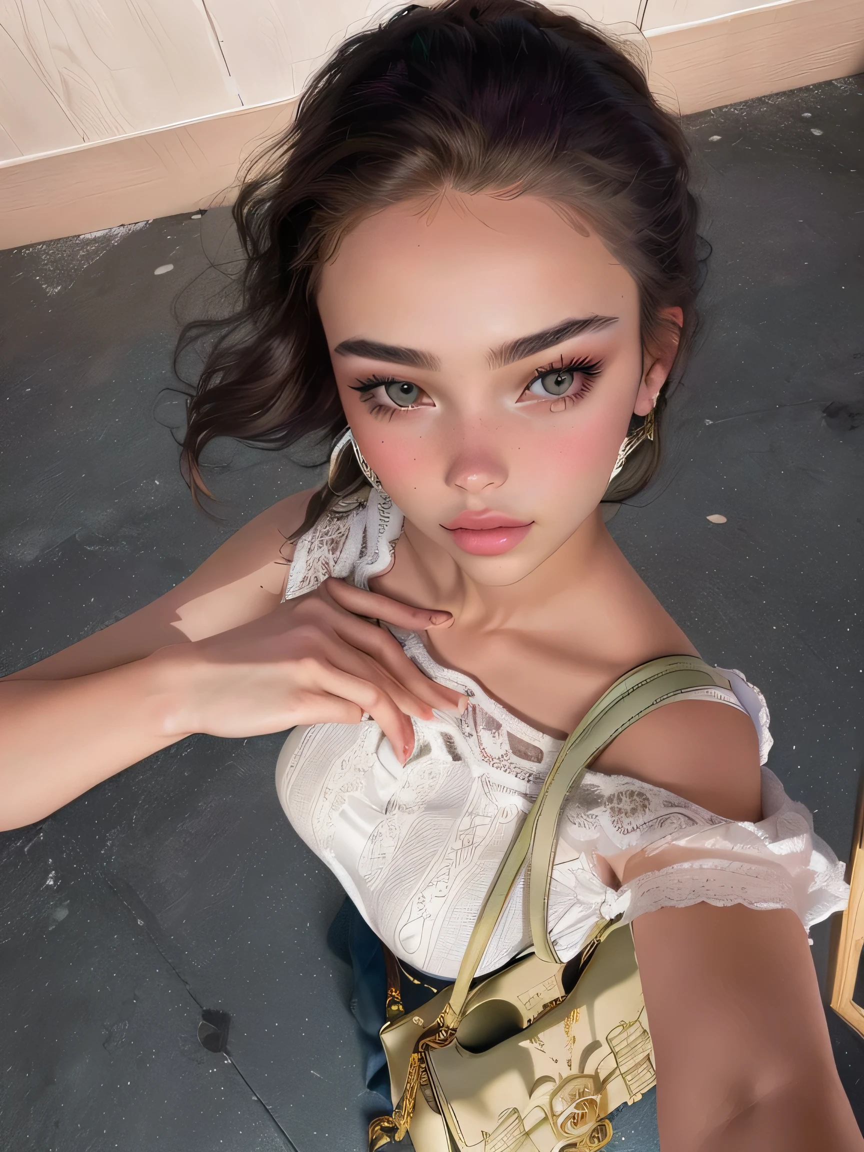 Araffada woman with a purse and a purse on the floor., bella poarch, Portrait Sophie Mudd, Face like Ester Exposito, Instagram Template, looking down at the camera, Cara sexy, by Alexis Grimou, selfie of a young woman, por Seb McKinnon, inspired by Emma Andijewska, by Eva Frankfurther, 18 years